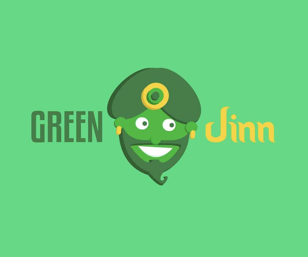GreenJinn App logo. Green background with word Green, then a green man head, then the word Jinn. 
