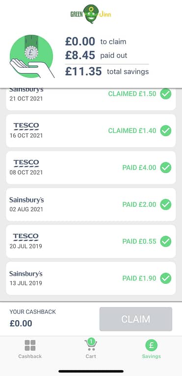 Screenshot of the cashback section of the GreenJinn app showing claimed and paid cashback offers.
