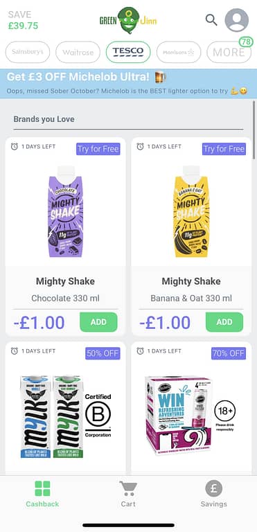 Screenshot of the offers section of the GreenJinn app showing different cashback offers for different products available in Tesco.